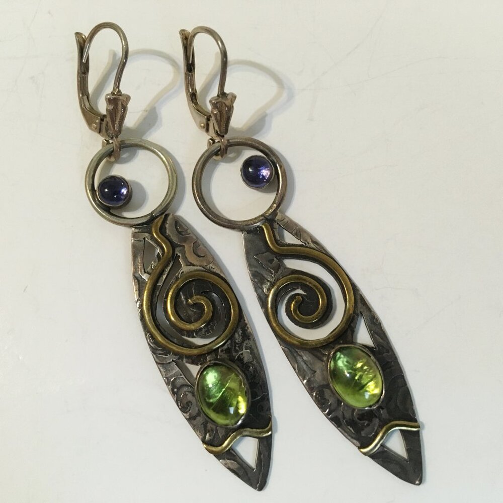 Mixed Metal Abstract Earrings Peridot Iolite Gemstone Pierced Handcrafted Unique